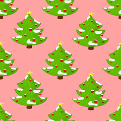 Cartoon decorated Christmas New Year winter trees with snow seamless pattern template. Holiday vector illustration on pastel peach background for games, background, pattern, decor. Print for fabrics 