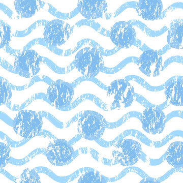 Seamless wavy pattern with polka dot ornament. Stylish drawn dotted backdrop. Abstract shabby textured circle ornament with blue waves on white.