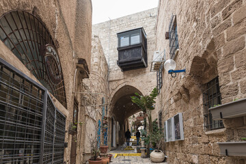 Quiet streets of the old city of Yafo. Zodiac Sign street - Pisces in old Yafo in Israel