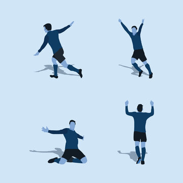 raise hand up goal celebration set - two tone flat illustration - shot, dribble, celebration and move in soccer