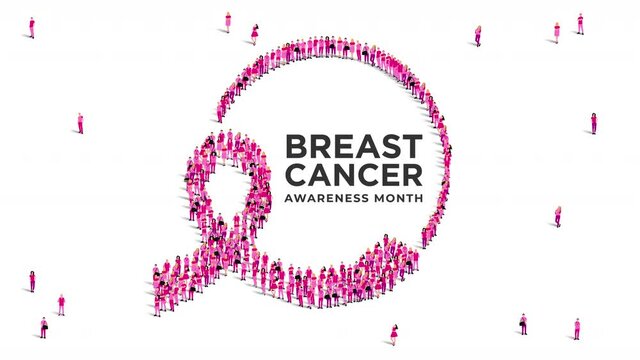 Breast cancer awareness month concept 4k animation. Large group of people form to create a pink ribbon.