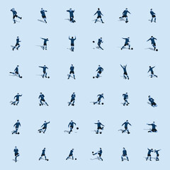 shot, dribble, goal celebration and move in soccer set - two tone flat illustration isolated on white