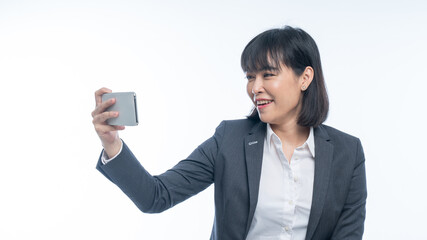 Business women use smartphones to work On white background