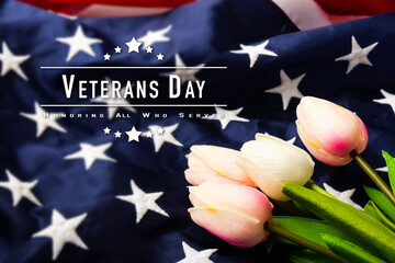 America United States flag and tulip flower, memorial remembrance and thank you of hero, studio...