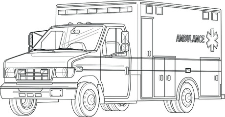 Ambulance emergency car realistic sketch template. Cartoon vector illustration in black and white for games, background, pattern, decor. Print for fabrics and other surfaces. Coloring paper, page