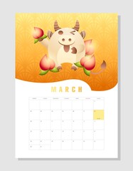 Calendar 2021 A4 format on March, month planner. Funny cow, zodiac mascot of 2021. Cute wealth bull, cheerful ox hold prosperity peach on pattern background. Vector stock illustration.