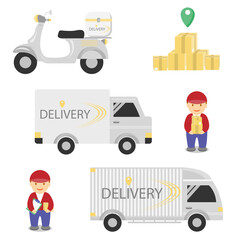 Set of delivery man and vehicles for transportation vector.