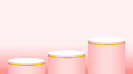 pedestal cylinder circle 3 steps for cosmetics showcase, podium circle stage red pink soft pastel color, platform three steps and advertising copy space, podium round for product display