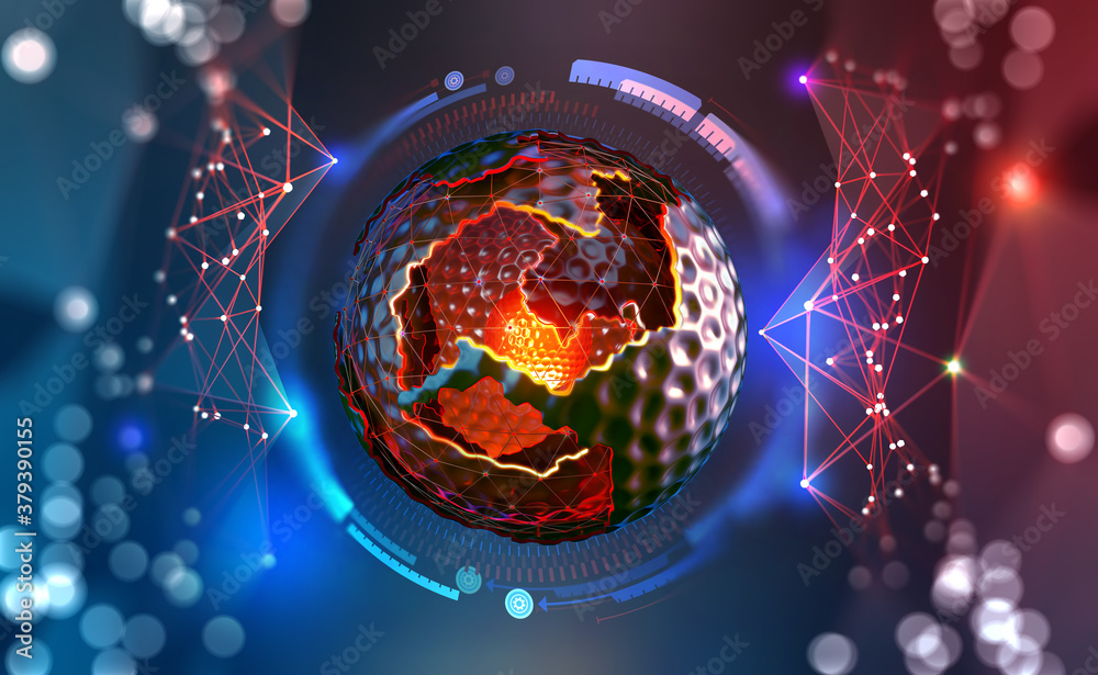 Aufkleber Future processor. Quantum CPU in the nanotech computer network. 3d illustration of digital cyberspace with HUD element