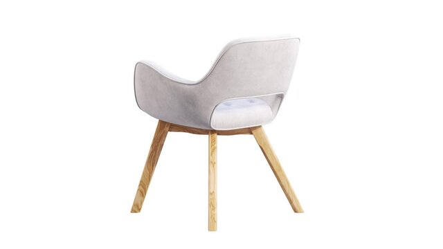 Circular animation of white fabric chair with wooden legs on white background. Mid-century modern wooden frame chair. Turntable 3d render