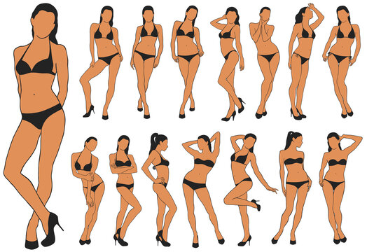 Set of girls in bikini and shoes standing in different poses isolated on white background. Colored silhouette of slim sexy woman body with bikini dress on it. Pinup style fashion vector illustration. 