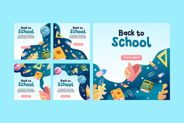 Back to school social media post template promotion, icon bag,books,ruler,eraser, flat illustration