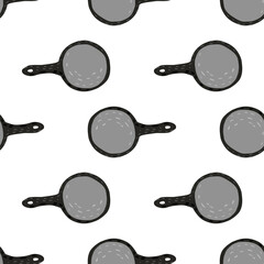 Isolated seamless pattern with pans shapes. Cooking equipment ornament in grey tones on white background.