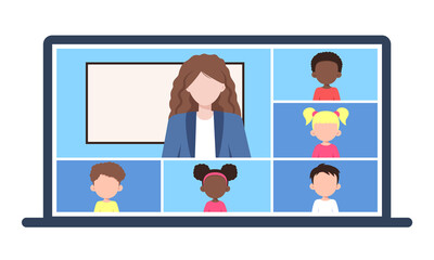 Online school class. Woman teaching with video conference call on laptop. Children studying on computer from home. Remote education. Vector isolated on white background