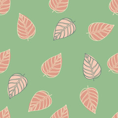 Simple seamless random pattern with oultine leaves. Pink tones contoured botanic shapes on green background.