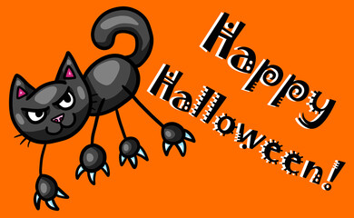 Stylized Happy Halloween Card With a Black Cat