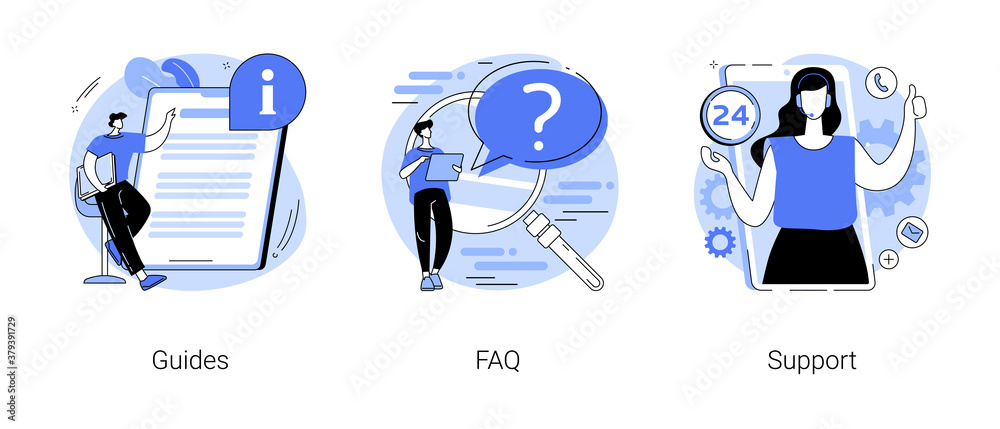 Poster website menu bar abstract concept vector illustration set. guides, faq and support landing page sect