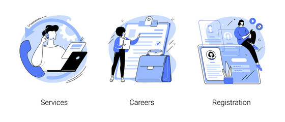 Corporate website abstract concept vector illustration set. Service and careers, registration page, menu bar design, corporate website, create account, user experience and interface abstract metaphor.