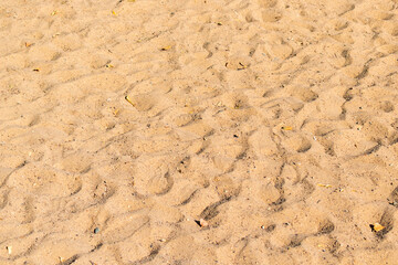Sand surface with many footprints and footwear of people on the beach. Crossed footprints after walking along the ocean coast close-up. Natural uneven abstract background.