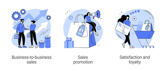 Product promotion abstract concept vector illustration set. Business-to-business sales, sales promotion, satisfaction and loyalty, retail strategy, advertising campaign, feedback abstract metaphor.