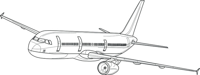 Modern classic airplane realistic sketch template. Cartoon vector illustration in black and white for games, background, pattern, decor. Print for fabrics and other surfaces. Coloring paper, page © Tatiana