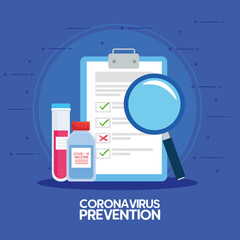 medical vaccine research coronavirus, checklist and supplies for medical vaccine research and educational microbiology for coronavirus covid19 vector illustration design