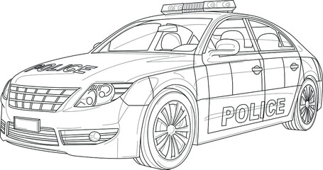 Police car realistic sketch template. Cartoon vector illustration in black and white for games, background, pattern, decor. Print for fabrics and other surfaces. Coloring paper, page, story book © Tatiana