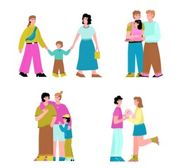 Set of homosexual men and lesbian women couples with childen. Romantic family relationships in lgbt community, flat vector illustration isolated on white background.