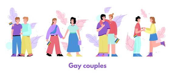 Banner with happy gay couples of homosexual and lesbian characters, flat vector illustration isolated on white background. LGBT community couple relationships.
