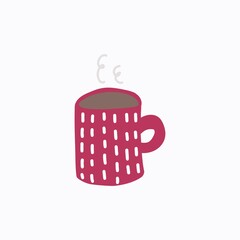 Red mug with a festive Christmas pattern. Holiday, tradition concept. Morning coffee.