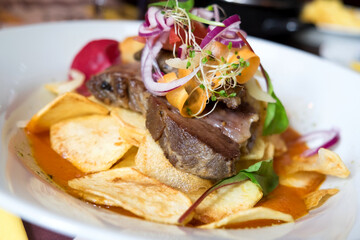 Delicious restaurant dish from Hungarian cuisine - beef steak cooked on medium rare roast, served with homemade potato chips, fresh vegetable salad and red wine sauce