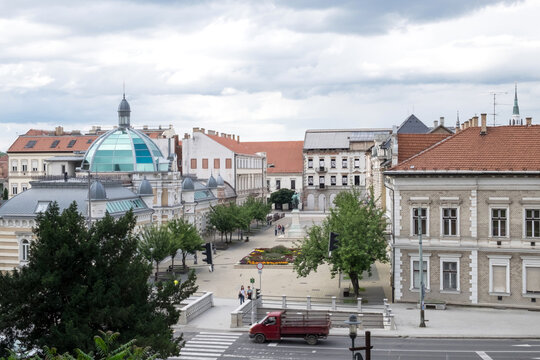 The old architecture in the pedestrian center of the historical Miskolc city - a famous Spa resort in the Eastern Hungary