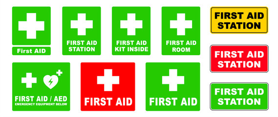 Emergency defibrillator AED AID CPR location signs Stop safety first life icons Vector staff medical logo symbol Automated externalicon label icon Medic bag kit station inside for resuscitation doctor