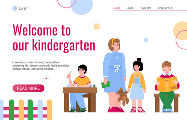 Web page design for kindergarten. Vector flat cartoon illustration with a female teacher and playing preschool children. Landing page template.