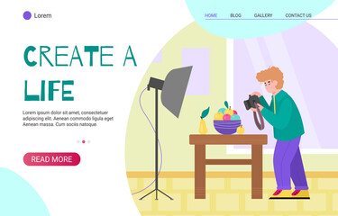 Website homepage for creative people with man photographer cartoon character, flat cartoon vector illustration. Amateur art activities and creative hobbies site.