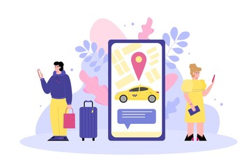 The concept of a city online taxi service or carsharing. Cartoon characters use the smartphone app to rent a car or call a taxi. Vector flat cartoon illustration.