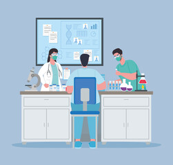 medical vaccine research, doctor group in laboratory for scientific virus prevention study vector illustration design