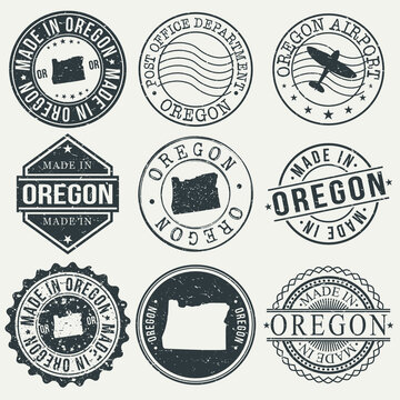Oregon Set of Stamps. Travel Stamp. Made In Product. Design Seals Old Style Insignia.