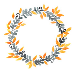 Obraz premium Dark grey fern and yellow leaves wreath watercolor hand painting for decoration on autumn season and Thanksgiving event.