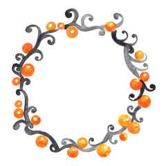 Orange ball with Halloween ivy wreath watercolor hand painting for decoration on autumn season, Halloween and Thanksgiving event.