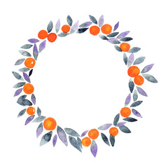 Orange ball with Halloween purple and blue leaves wreath watercolor hand painting for decoration on autumn season, Halloween and Thanksgiving event.