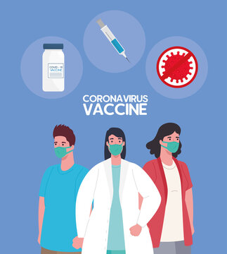 The Race Between Country, For Developing Coronavirus Covid19 Vaccine, Doctor Female With Patients And Vaccine Icons Vector Illustration Design