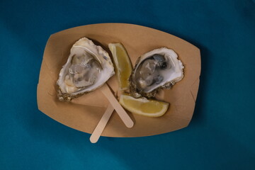 two fresh oysters with two slices of lemon in a paper plate on a blue background in top view