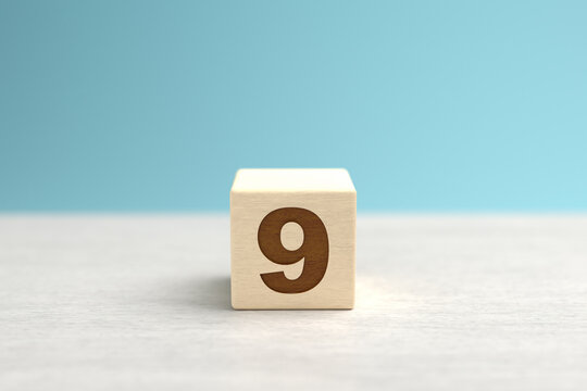 A wooden toy cube with the number 9.