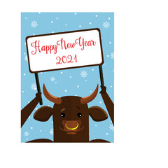 card with the symbol of 2021 - the bull. bull holds a card with the inscription Happy New Year and smiles, on a blue background with snowflakes
