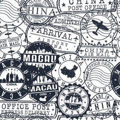 Macau China Stamps. City Stamp Vector Art. Postal Passport Travel. Design Set Pattern.
