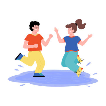 Funny children jump in puddle. Boy and a girl in summer clothes spray water. Outdoor activities, leisure or vacation for children. Flat cartoon vector isolated illustration.
