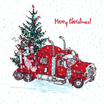 Holiday card Hand drawn red truck with christmas tree and gifts isolated on white background Vintage sketch xmas lorry transport Large Industrial car, giant machine Engraving style Vector illustration