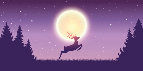 Obraz na płótnie Canvas jumping deer in the nature by moon light vector illustration EPS10