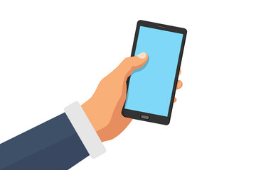 Hand holding blank smartphone mockup. Vector illustration for app presentation or advertisement. Empty phone screen in a hand.